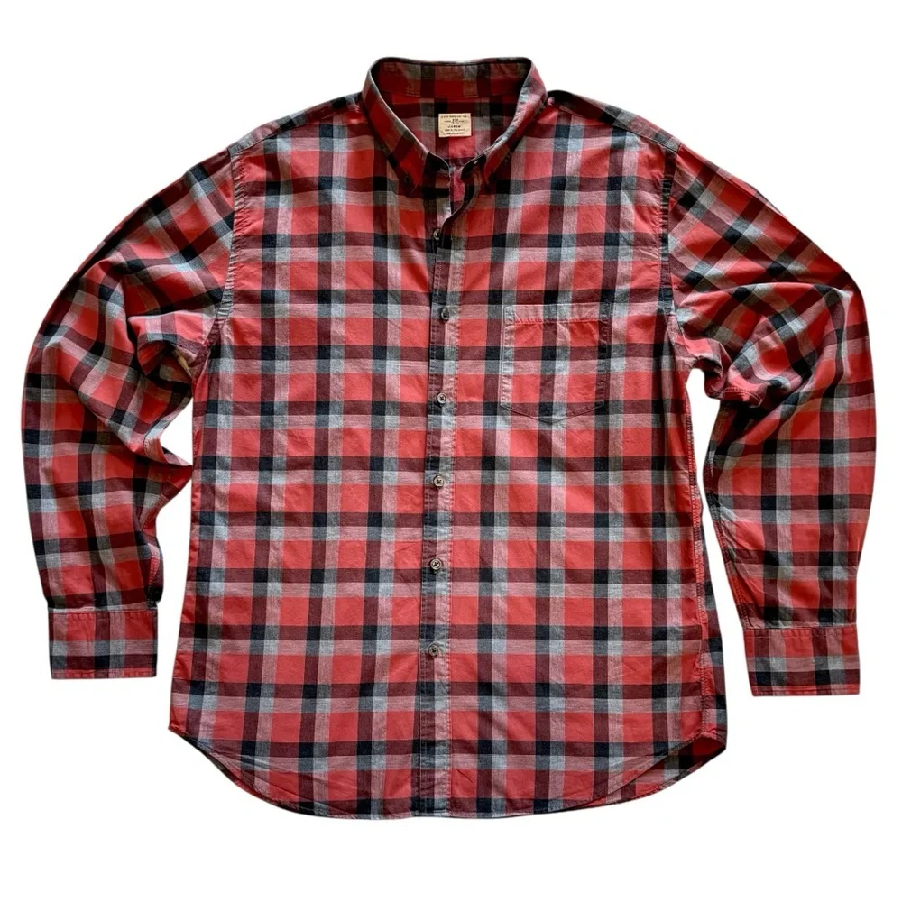 J.Crew 2-Ply Cotton Button Down Shirt Red Gray Black Check Plaid Long Sleeve L
